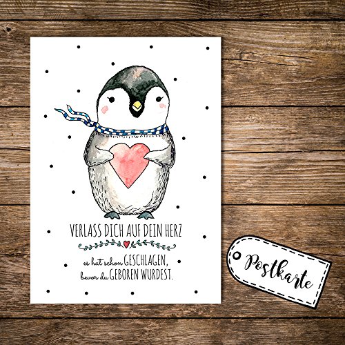 ilka parey wandtattoo-welt® A6 Postkarte Karte Pinguin mit Herz und Spruch verlass dich auf dein Herz pk09 von ilka parey wandtattoo-welt