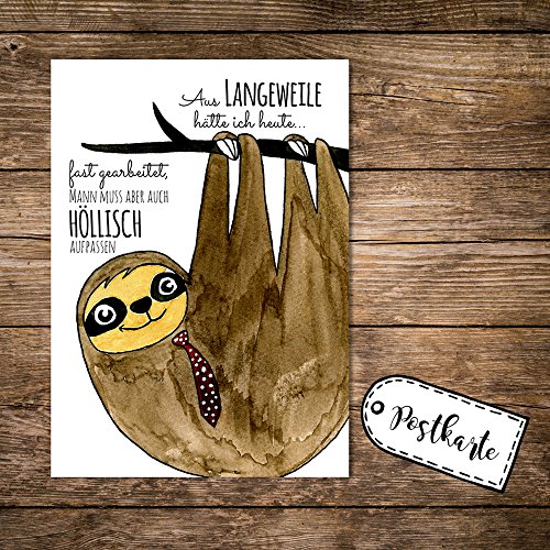 ilka parey wandtattoo-welt® A6 Postkarte Karte Print Faultier mit Spruch Zitat aus Langeweile hätte ich heute fast gearbeitet, man muss aber auch höllisch aufpassen pk05 von ilka parey wandtattoo-welt