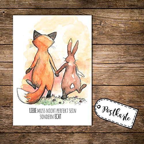 ilka parey wandtattoo-welt® A6 Postkarte Karte Print Fuchs und Hase mit Spruch Liebe muss nicht perfekt sein sondern echt pk06 von ilka parey wandtattoo-welt