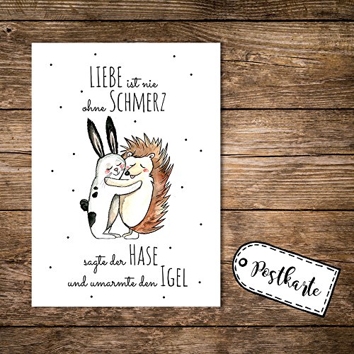 ilka parey wandtattoo-welt® A6 Postkarte Karte Print Hase und Igel mit Spruch Liebe ist nie ohne Schmerzen... pk07 von ilka parey wandtattoo-welt
