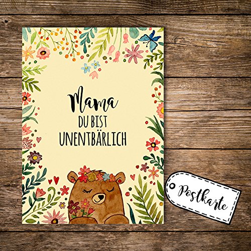 ilka parey wandtattoo-welt® A6 Postkarte zum Muttertag Ansichtskarte Flyer Print Bär mit Blumen und Spruch Mama du bist unentbärlich pk111 von ilka parey wandtattoo-welt