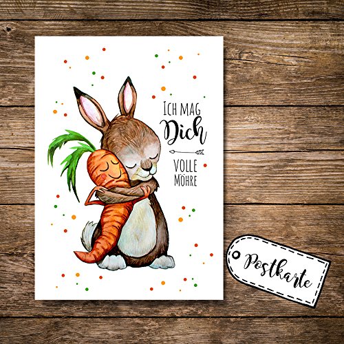 ilka parey wandtattoo-welt® Postkarte Grußkarte Karte Print Illustration Hase und Möhre mit Spruch Sprichwort Zitat Ich mag dich volle Möhre pk81 von ilka parey wandtattoo-welt