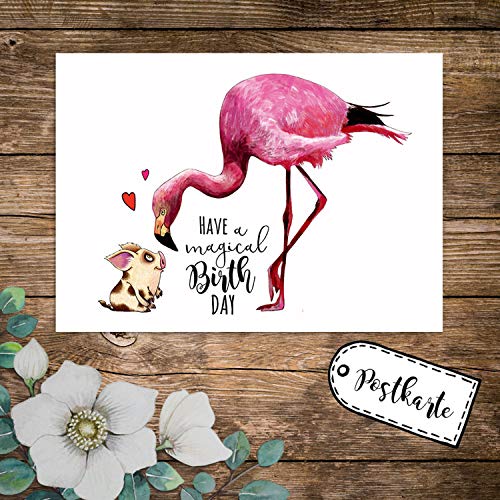 ilka parey wandtattoo-welt A6 Geburtstagskarte Postkarte Geburtstag Print Flamingo & Schweinchen mit Spruch Have a magical Birthday pk232 - ausgewählte Menge: *1 Stück* von ilka parey wandtattoo-welt