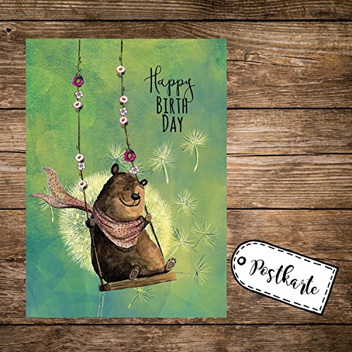 ilka parey wandtattoo-welt A6 Geburtstagskarte Postkarte Print Bär auf Schaukel mit Spruch Happy Birthday pk165 von ilka parey wandtattoo-welt