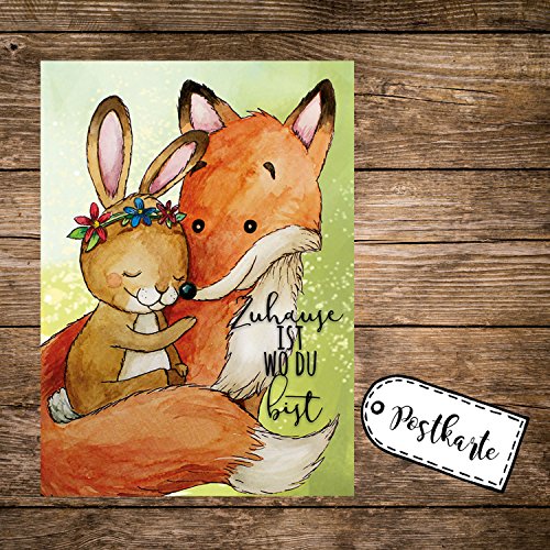 ilka parey wandtattoo-welt A6 Geburtstagskarte Postkarte Print Fuchs & Hase Häschen mit Spruch Zuhause ist... Pk169 von ilka parey wandtattoo-welt