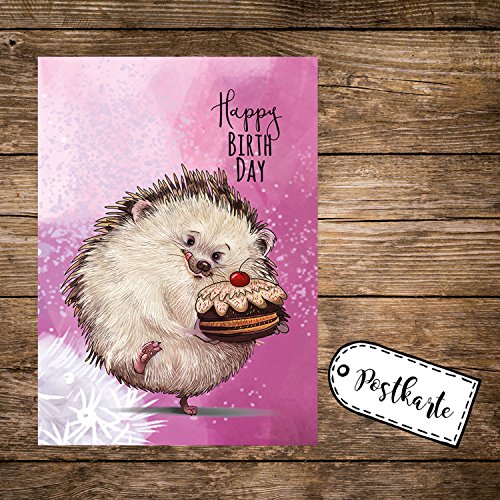 ilka parey wandtattoo-welt A6 Geburtstagskarte rosa Postkarte Print Igel mit Kuchen & Spruch Happy Birthday pk167 von ilka parey wandtattoo-welt