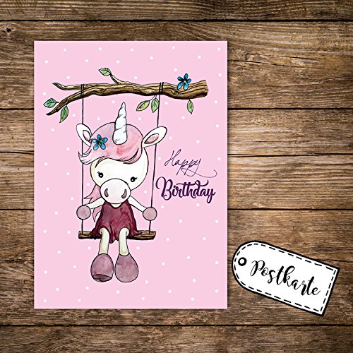 ilka parey wandtattoo-welt A6 Postkarte Geburtstag rosa Print Einhorn auf Schaukel mit Punkte & Spruch HAPPY BIRTHDAY pk110b von ilka parey wandtattoo-welt