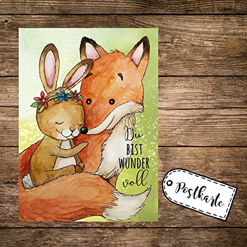 ilka parey wandtattoo-welt A6 Postkarte Print Fuchs & Hase Häschen mit Spruch Du bist wundervoll pk168 von ilka parey wandtattoo-welt
