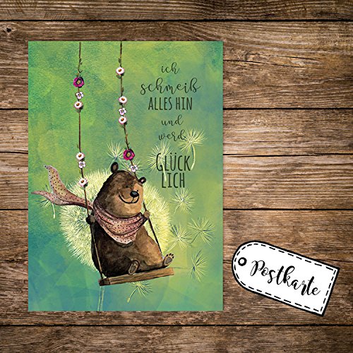 ilka parey wandtattoo-welt A6 Postkarte Print mit Bär auf Schaukel & Spruch ...ich werde Glücklich pk164 von ilka parey wandtattoo-welt