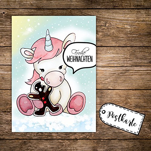 ilka parey wandtattoo-welt A6 Weihnachtskarte Einhorn mit Lebkuchen Postkarte Print & Spruch Frohe Weihnachten pk135 von ilka parey wandtattoo-welt