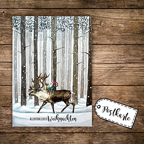 ilka parey wandtattoo-welt A6 Weihnachtskarte Postkarte Print Rentier & Zwerg im Wald mit Spruch Allerfröhlichste Weihnachten pk139 von ilka parey wandtattoo-welt