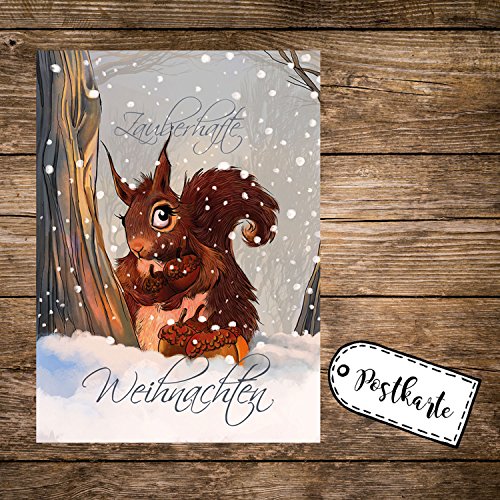 ilka parey wandtattoo-welt A6 Weihnachtskarte Postkarte mit Eichhörnchen im Winterwald Print & Spruch Zauberhafte Weihnachten pk129 von ilka parey wandtattoo-welt