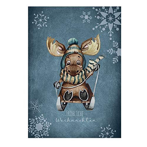 ilka parey wandtattoo-welt A6 Weihnachtskarte Weihnachtsgrüße Postkarte Print Elch auf Schlitten Grußkarte Fröhliche Weihnachten pk257 - ausgewählte Größe: *5 Stück (desselben Motives)* von ilka parey wandtattoo-welt