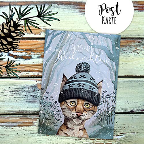 ilka parey wandtattoo-welt A6 Weihnachtskarte Weihnachtsgrüße Postkarte Print Luchs mit Mütze zauberhafte Weihnachten Grußkarte pk225 - ausgewählte Menge: *5 Stück (desselben Motives)* von ilka parey wandtattoo-welt
