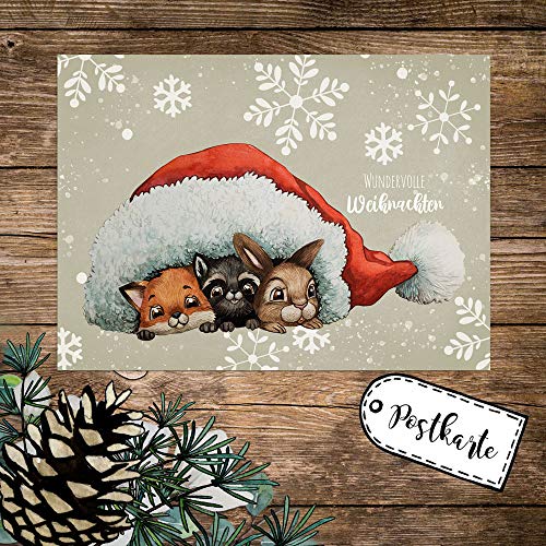 ilka parey wandtattoo-welt A6 Weihnachtskarte Weihnachtsgrüße Postkarte Print Tiere unter Mütze Grußkarte Wundervolle Weihnachten pk261 - ausgewählte Größe: *1 Stück* von ilka parey wandtattoo-welt