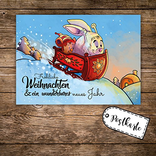 ilka parey wandtattoo-welt A6 Weihnachtskarte lustige Postkarte Print mit Hase im Schlitten + Spruch fröhliche Weihnachten pk119 von ilka parey wandtattoo-welt