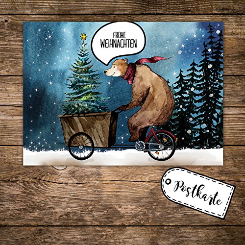 ilka parey wandtattoo-welt A6 Weihnachtskarte mit Bär auf Bike im Winterwald Postkarte Print + Spruch Frohe Weihnachten pk134 von ilka parey wandtattoo-welt