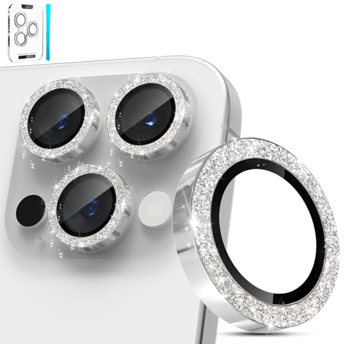 imluckies für iPhone 16 Pro - iPhone 16 Pro Max Kameraschutz Glitzer, AR+AF Gehärtetes Glas & 9H Anti-Kratzer Metall Aluminiumlegierung, HD Klar Kamera Linse Schutzfolie - Bling Silber von imluckies