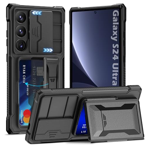 imluckies Hülle für Samsung Galaxy S24 Ultra mit Kartenhalter & Schiebe Kameraschutz, Stoßfeste Robuste Rückseite und TPU Rand Ständer Wallet Handyhülle für S24u 5G 2024, Schwarz von imluckies