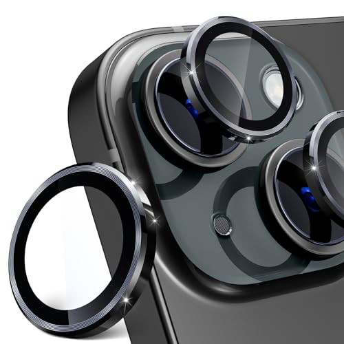 imluckies Kameraschutz für iPhone 15 / iPhone 15 Plus Kamera Linse Schutzfolie, 9H Gehärtetes Glas & Kratzfeste Aluminiumring, HD Klar Kamera Zubehör [Starke Adsorption] - Schwarz von imluckies