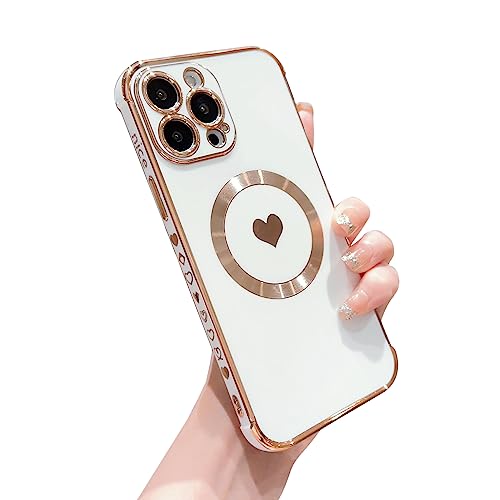 imluckies Magnetische Hülle für iPhone 14 Pro Max Case für Frauen Mädchen, [Kompatibel mit MagSafe] Niedlich Love Heart Lucury Beschichtung, Weicher TPU Bumper Voller Kamera Schutz Handyhülle, Weiß von imluckies