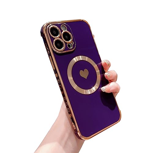 imluckies Magnetische Hülle für iPhone 14 Pro Max Case für Frauen Mädchen, [Kompatibel mit MagSafe] Niedlich Love Heart Lucury Beschichtung, Weicher TPU Bumper Voller Kamera Schutz Handyhülle, Lila von imluckies