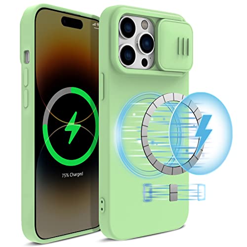 imluckies Magnetische Silikon Hülle für 6,1" iPhone 14 Pro mit Slide Kameraschutz, Integrierte Magnetunterstützung, Kompatibel mit Magsafe, Premium Flüssigsilikon Handyhülle (2022) - HellGrün von imluckies