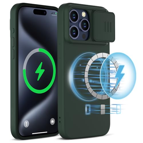 imluckies Magnetische Silikon Hülle für iPhone 15 Pro 6.1" mit Kameraschutz Slide, [Kompatibel mit MagSafe] Schlanke Flüssigkeit Stoßfest, Mikrofaserfutter Handyhülle 2023, Grün von imluckies