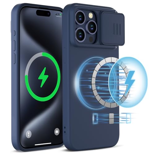 imluckies Magnetische Silikon Hülle für iPhone 15 Pro Max 6.7" mit Kameraschutz Slide, [Kompatibel mit MagSafe] SSchlanke Flüssigkeit Stoßfest, Mikrofaserfutter Handyhülle 2023, Blau von imluckies
