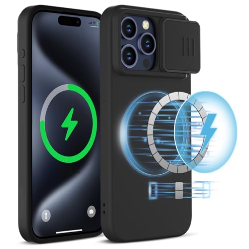 imluckies Magnetische Silikon Hülle für iPhone 15 Pro Max 6.7" mit Kameraschutz Slide, [Kompatibel mit MagSafe] Schlanke Flüssigkeit Stoßfest, Mikrofaserfutter Handyhülle 2023, Schwarz von imluckies