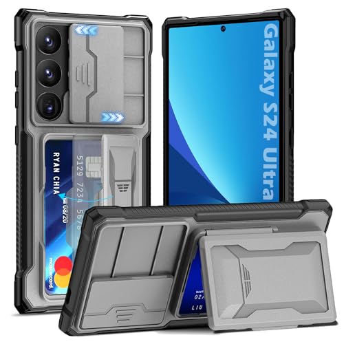 imluckies Wallet Hülle für Samsung Galaxy S24 Ultra mit 4-Karten-Halter Ständer & Schiebe-Kamera Abdeckung, Stoßfeste Robuste Rückseite und TPU Rand Wallet Handyhülle für S24u 5G 2024, Grau von imluckies