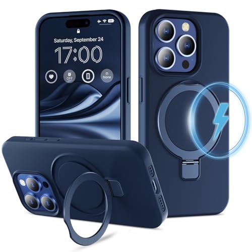 imluckies für iPhone 15 Pro Hülle mit Magnetischem Ständer [Kompatibel mit MagSafe][Militärischer Stoßfestes], Flüssiges Silikon Schlanke Passform Schutzhülle für Männer Frauen 2023, Dunkel Blau von imluckies