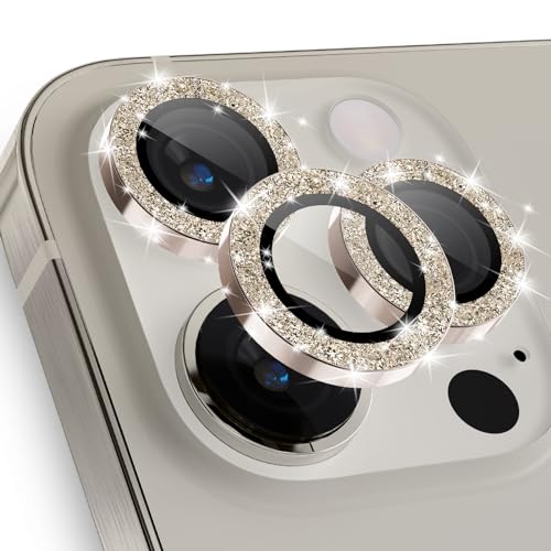imluckies für iPhone 15 Pro - iPhone 15 Pro Max Kameraschutz, Glitzer Aluminiumlegierung & 9H Gehärtetes Glas HD Klar Kamera Linse Schutzfolie, Glitter Gold von imluckies