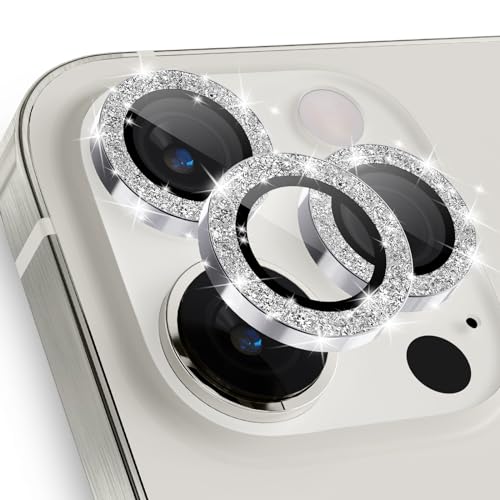 imluckies für iPhone 15 Pro - iPhone 15 Pro Max Kameraschutz, Glitzer Aluminiumlegierung & 9H Gehärtetes Glas HD Klar Kamera Linse Schutzfolie, Glitter Silber von imluckies