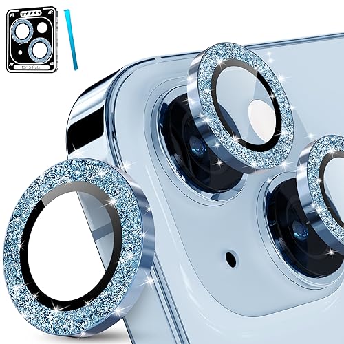 imluckies für iPhone 15 - iPhone 15 Plus Kameraschutz, Glitzer Aluminiumlegierung & 9H Gehärtetes Glas HD Klar Kamera Linse Schutzfolie, Glitter Blau von imluckies