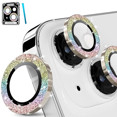 imluckies für iPhone 15 - iPhone 15 Plus Kameraschutz, Glitzer Aluminiumlegierung & 9H Gehärtetes Glas HD Klar Kamera Linse Schutzfolie, Glitter Bunt von imluckies