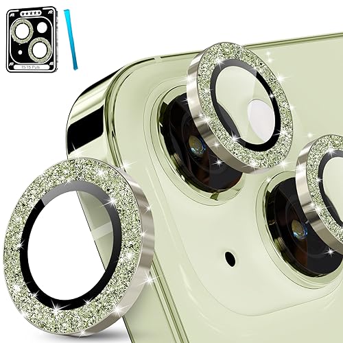 imluckies für iPhone 15 - iPhone 15 Plus Kameraschutz, Glitzer Aluminiumlegierung & 9H Gehärtetes Glas HD Klar Kamera Linse Schutzfolie, Glitter Gelb von imluckies