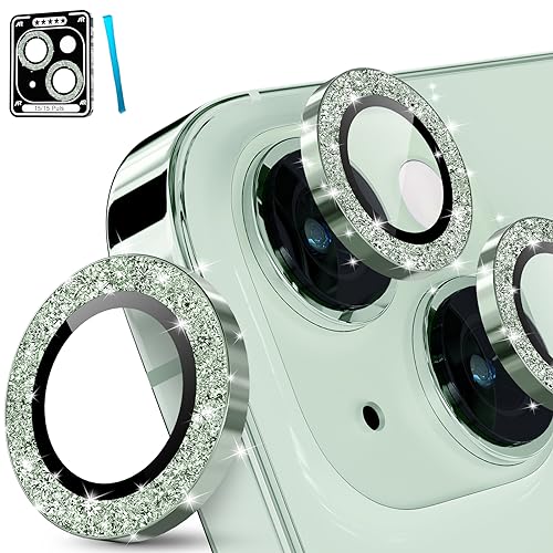 imluckies für iPhone 15 - iPhone 15 Plus Kameraschutz, Glitzer Aluminiumlegierung & 9H Gehärtetes Glas HD Klar Kamera Linse Schutzfolie, Glitter Grün von imluckies