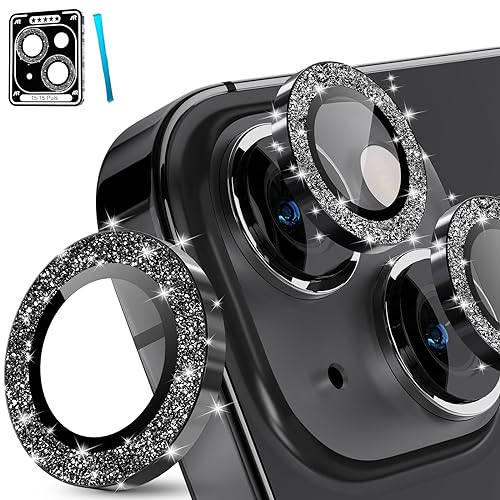 imluckies für iPhone 15 - iPhone 15 Plus Kameraschutz, Glitzer Aluminiumlegierung & 9H Gehärtetes Glas HD Klar Kamera Linse Schutzfolie, Glitter Schwarz von imluckies
