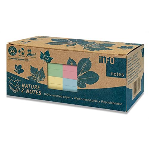 inFO Notes 100% Recycling Haftnotizen, pastellmix, zertifiziert mit dem Blauen Engel, 100 Blatt pro Block, 12 Blöcke in Recycling Box verpackt, 75 x 75 mm von inFO Notes