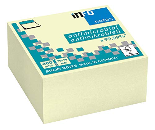 inFO Notes Haftnotizwürfel mit antimikrobieller/antibakterieller Ausrüstung, pastell gelb, 75 x 75 mm, 400 Blatt pro Würfel, FSC-zertifiziert von inFO Notes