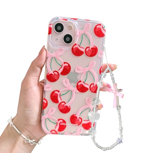 inewateri Kompatibel mit iPhone 15 Hülle, niedliche Kirschschleife, transparentes Band, rosa Schleife, ästhetisches Design, für Damen, Teenager, Mädchen, schlanke TPU-Schutzhülle + Kristallkette mit von inewateri