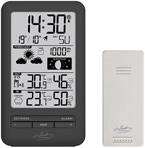 infactory Digitale Wetterstation: Funk-Wetterstation mit Außensensor, Prognose, Luftdruck und Mondphase (Temperaturstation, Wetterstation Mit Funkuhr, Aussentemperatur) von infactory