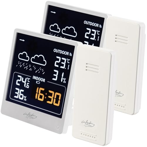 infactory Kombithermometer: 2er-Set Wetterstation mit Außensensor, VA-Farbdisplay, weiß (Thermometer Hygrometer Uhren, Außenthermometer Digitale Funk, Uhr) von infactory