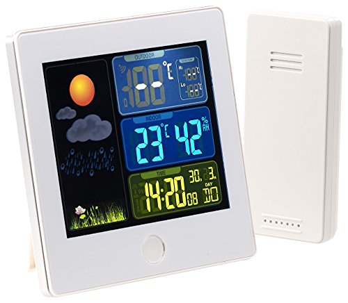 infactory Meteostation: Funk-Wetterstation mit Außensensor, Farbdisplay, Funkuhr, Wecker, weiß (Funkwetterstation mit Farbdisplay, drahtlose Wetterstation, Wetterstationen Außensensoren) von infactory