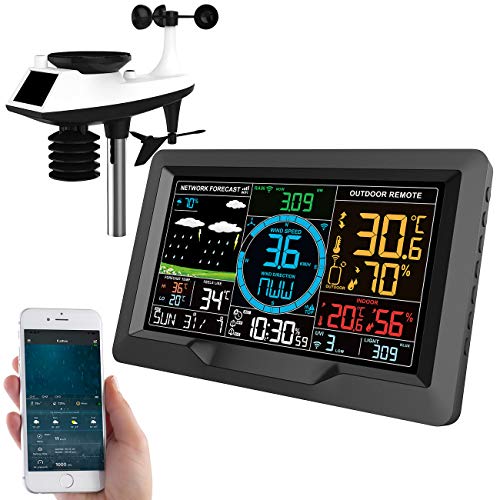 infactory Regenmesser WLAN: WLAN-Wetterstation-Set mit XL-Farb-Display, Außensensor, App, Wecker (Regenmesser Digital WLAN, Wetterstation mit, Wandhalterung) von infactory