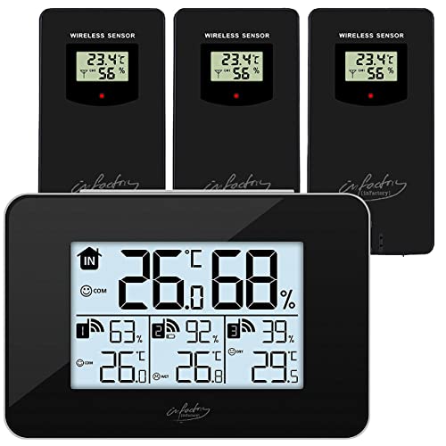 infactory Temperaturstation: Funk-Wetterstation mit 3 Funksensoren für innen & außen, LCD-Display (Wetterstation mehrere Sensoren, Thermometer mit mehreren Sensoren, Funksensor) von infactory