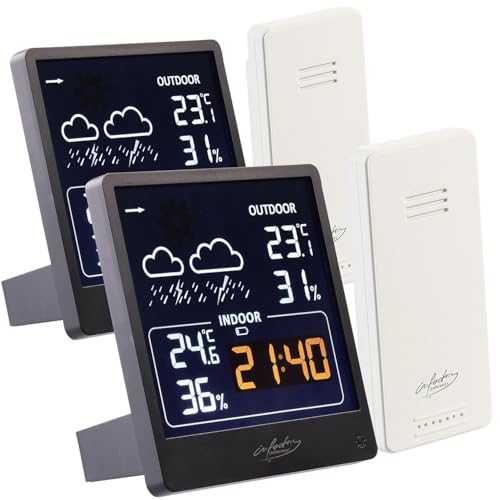 infactory Thermometer-Barometer: 2er-Set Wetterstation mit Außensensor, VA-Farbdisplay, schwarz (Funk Wetterstationen Farbdisplays, Thermometer-Hygrometer-Barometer, Uhren) von infactory