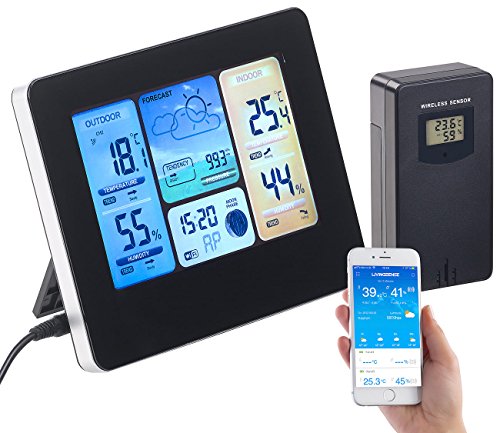 infactory WiFi Wetterstation: WLAN-Funk-Wetterstation mit Außensensor, Farbdisplay, Uhr & Gratis-App (Wetterstation großes Display, Funk-Wetterstation großes Display, Digitale Wanduhr) von infactory