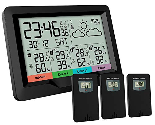 infactory Wetterstation 3 Sensoren: Funk-Wetterstation; 3 Funksensoren; innen/außen; XL-Display; Wecker (Wetterstation mit 3 Außensensoren, Funk Thermometer mit 3 Sensoren, Digitale Wanduhr) von infactory